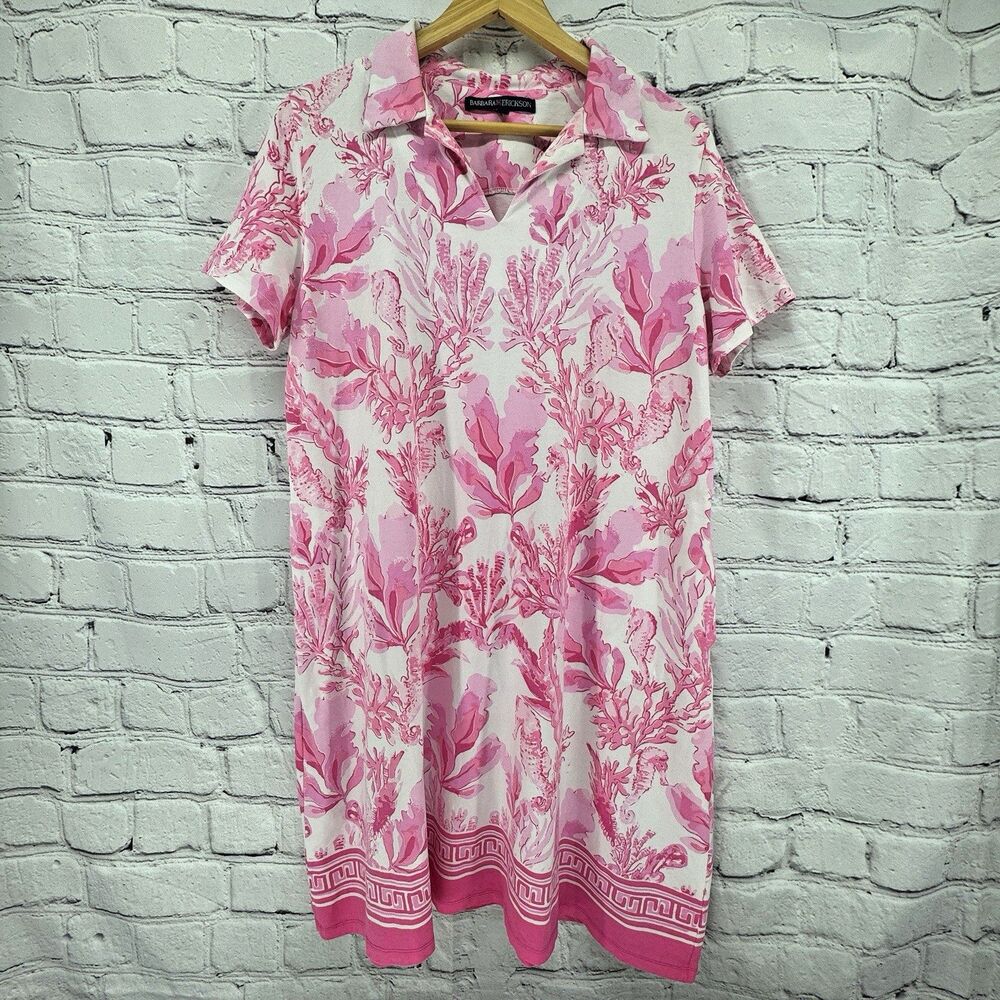 Barbara Erickson Dress Women’s L Pink White Shift Seahorse Coral Beach Preppy